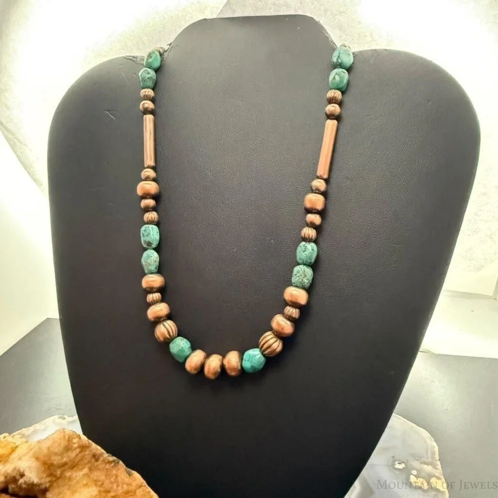 Southwestern Style 3-9.5mm Copper Navajo Pearl,Cylinder&Turquoise Beads Necklace